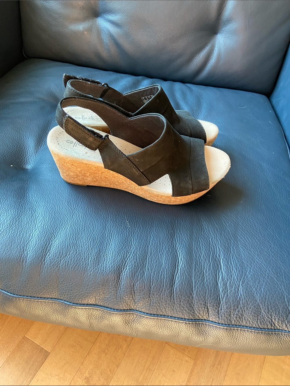 Clarks Black Suede Slingback Cork Wedge Sandals